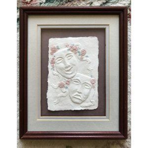 Theater Masks - Vintage Framed Hand Cast Paper Artwork - Figi Graphics - Signed